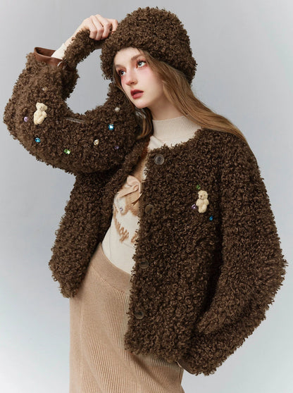 Cozy Teddy Bear Cardigan: Plush Textured Cropped Jacket With Charming Embroidered Details