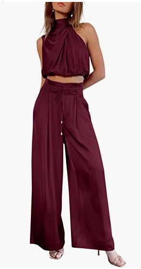 Sleeveless Collar Two Piece Sets Wide Leg Pants Summer Cropped Top