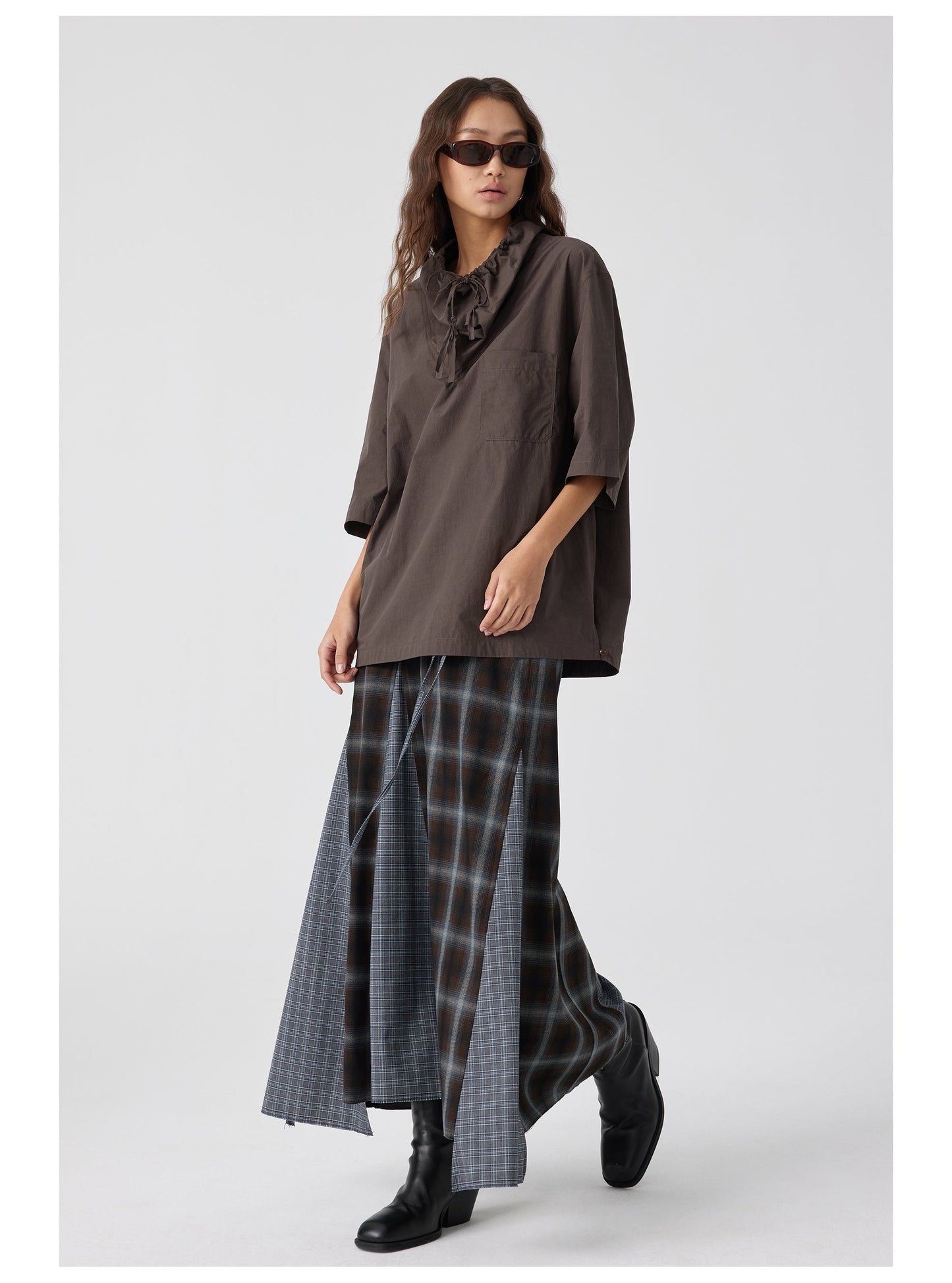 Plaid Asymmetric Panel Mermaid Long Skirt