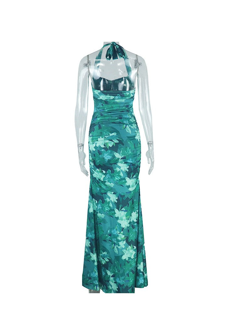 Print Halterneck Ruched Ruffle Slit Maxi Dress