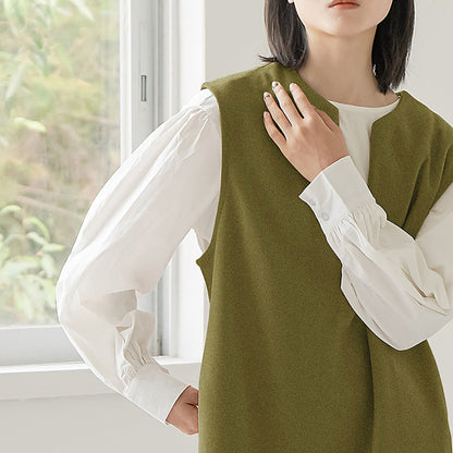 Real Shot Letian Autumn Winter 4 Color Woolen Coat V Neck Color Sleeveless Waistcoat Dress Outer Wear