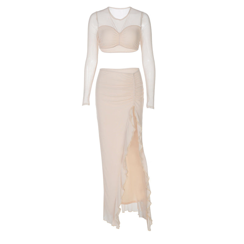Clothing Winter Long Sleeve Mesh Double Layer Stitching Split Maxi Dress Two Piece Sets