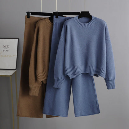 Autumn Winter Knitting Work Pant Korean Loose Sweater Wide Leg Pants Pants Two Piece Set
