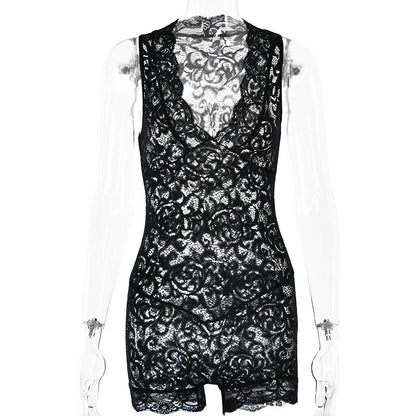 Lace See Through V Neck Jumpsuit Bottoming Shirt Spring