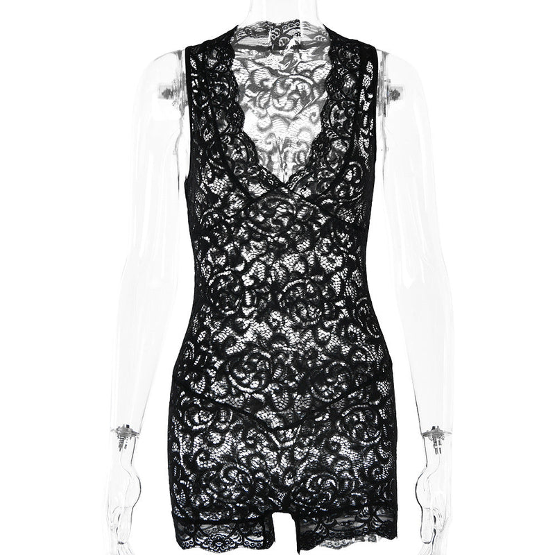 Lace See Through V Neck Jumpsuit Bottoming Shirt Spring