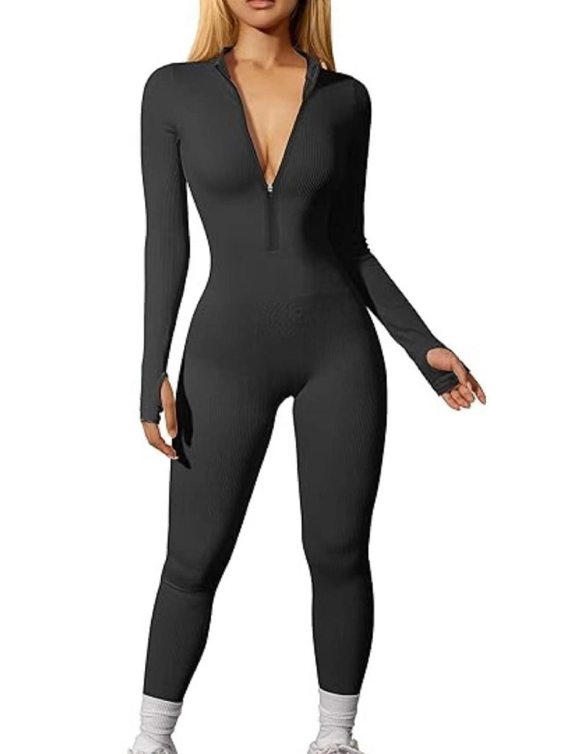 Sports Jumpsuit Workout Ribbed Long Sleeve Zipper Jumpsuit Trousers Tight