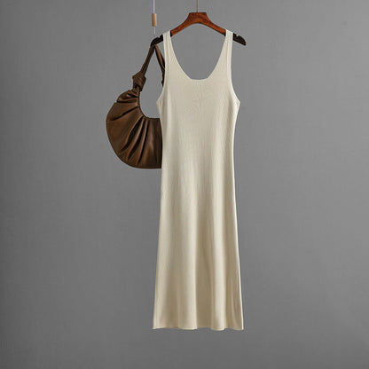 Knitted Sling Dress Summer Color Back Slit Sheath Maxi Dress