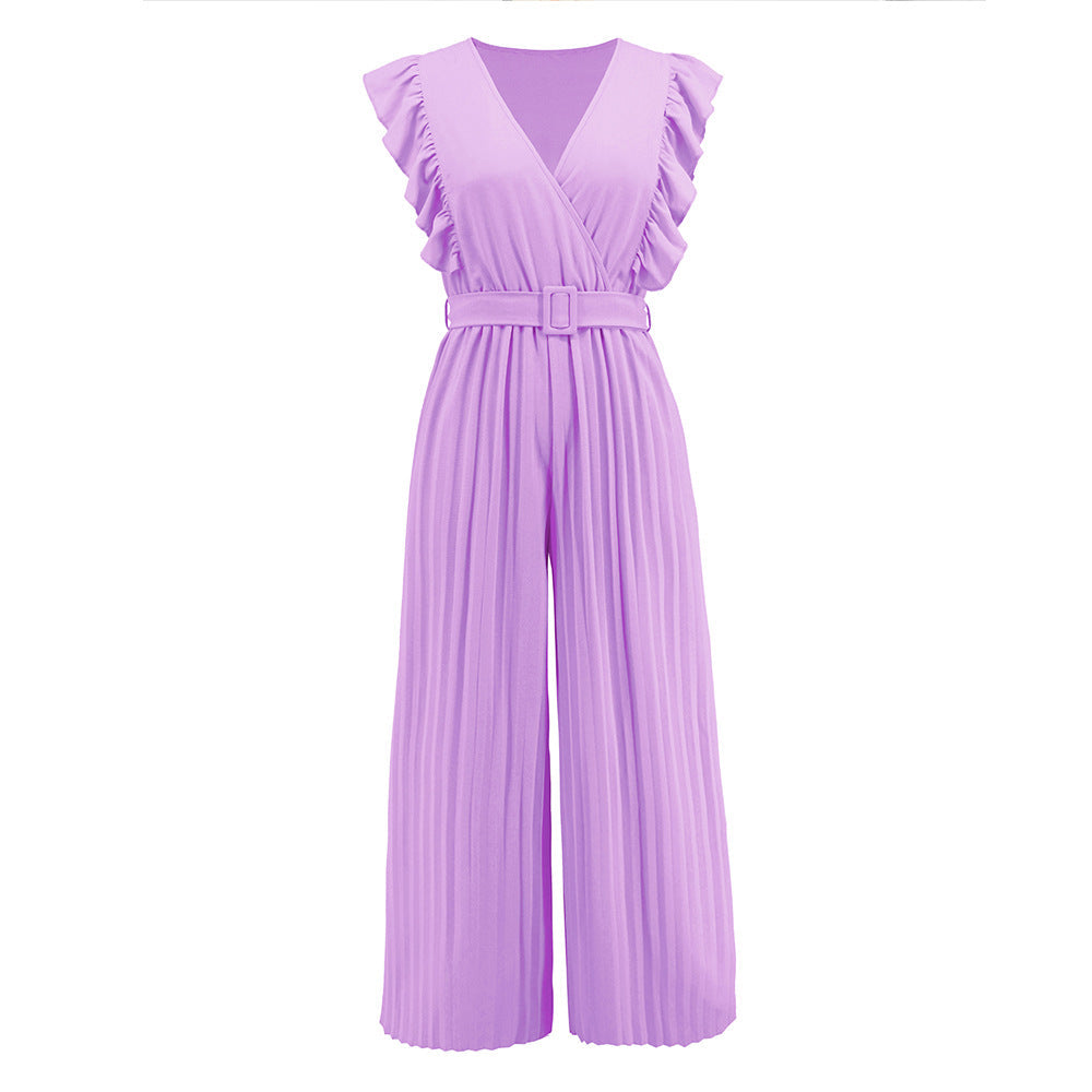 Slim Jumpsuit High Waist Sleeveless Lotus Leaf V Neck Pleated Wide Leg Skort
