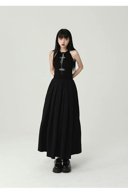 Ladyghost Gothic Sleeveless Maxi Dress - Black A-line Gown With Cross Pendant and Pentagram Belt