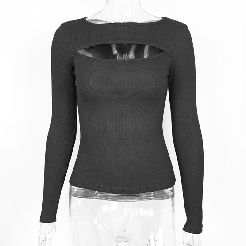 Clothing Autumn Winter Chest Hollow-out Long-sleeved Top Stretch Rib T-shirt for
