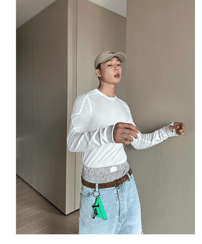 Weave Studio White Long Sleeve Slim Fit T-shirt - Lightweight Crew Neck Cotton Tee