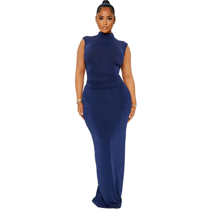 Clothing Goods Half Turtleneck Pleated Waist Slimming Sleeveless High Elastic Maxi Dress