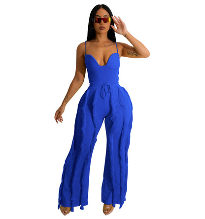 Clothing Suit Tassel Lace Sling Jumpsuit Two Piece Set Straight Leg Pants Summer
