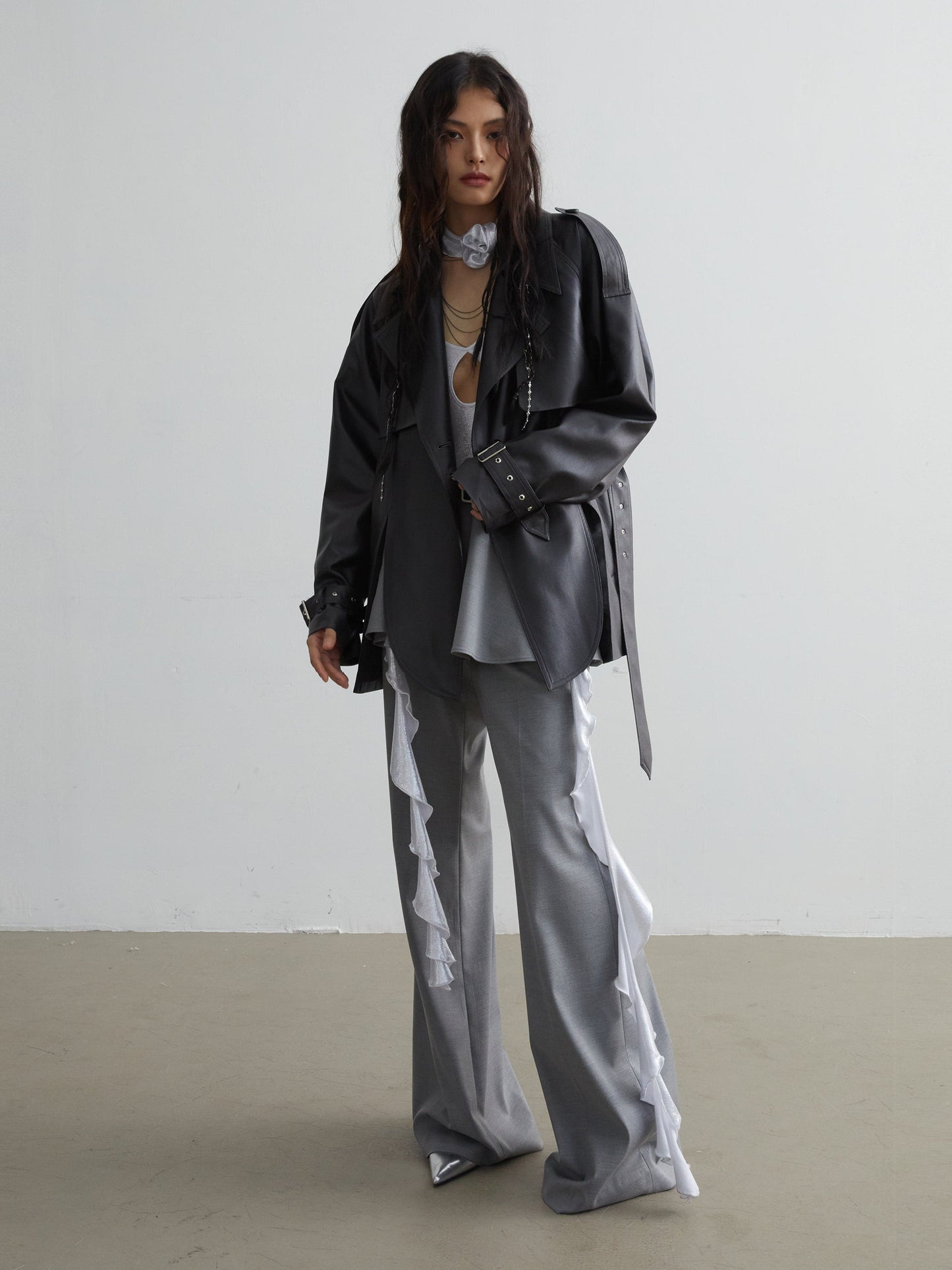 Matte Leather Short Coat With Slit Design
