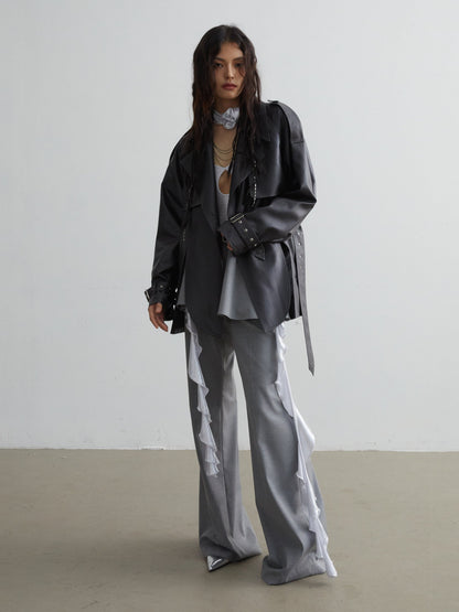 Matte Leather Short Coat With Slit Design