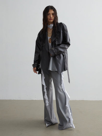 Matte Leather Short Coat With Slit Design