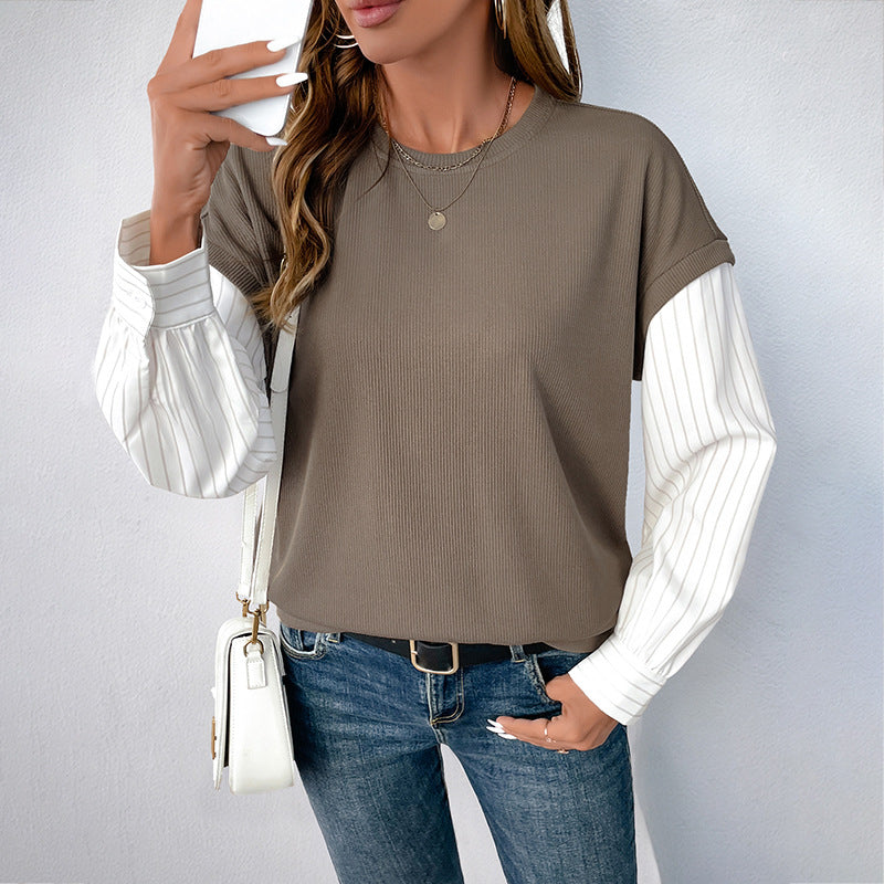 Autumn Long Sleeve Faux Two Piece Color Matching Knitted Round Neck Sweatshirt