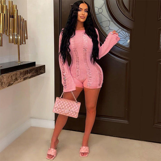 Plaid Short Sleeve Collared Tight Jumpsuit Knitted Short Romper