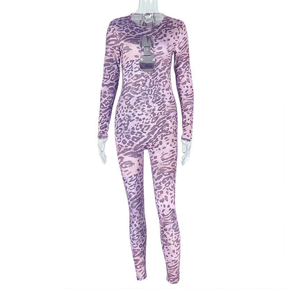 Personalized Leopard Print Printed Tight Long Conjoined Trousers Hollow Out Cutout Backless Turtleneck Long Sleeve Jumpsuit