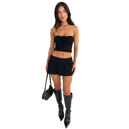 Clothing Tube Top Pleating Double Layer Pantskirt Two Piece Set