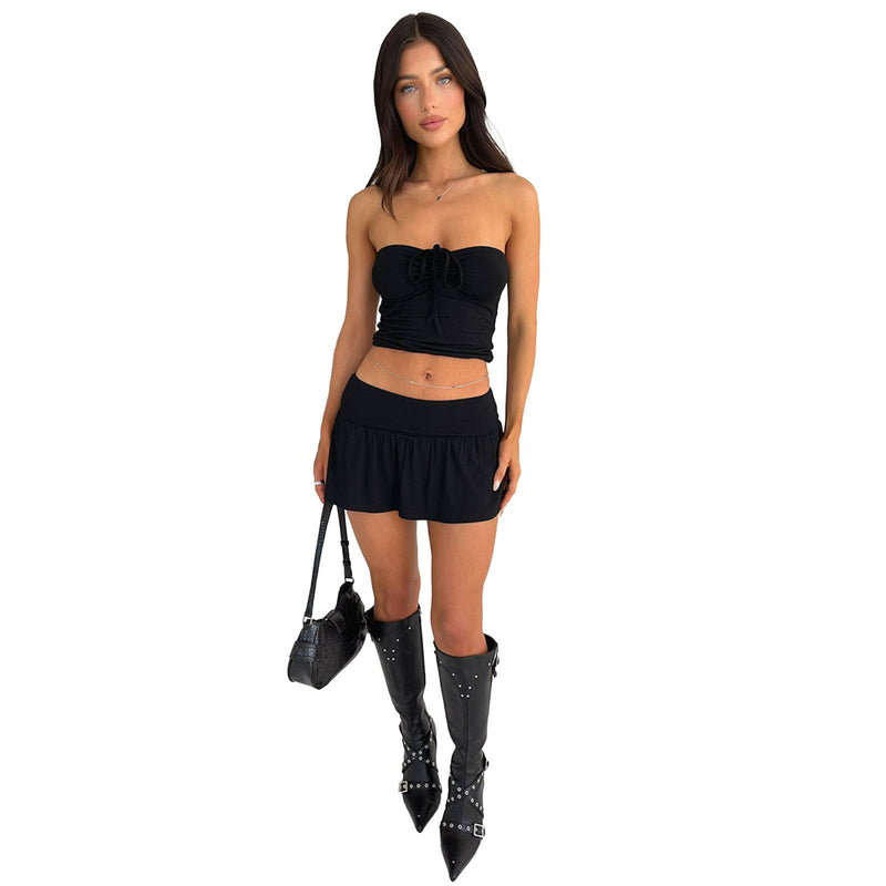 Clothing Tube Top Pleating Double Layer Pantskirt Two Piece Set