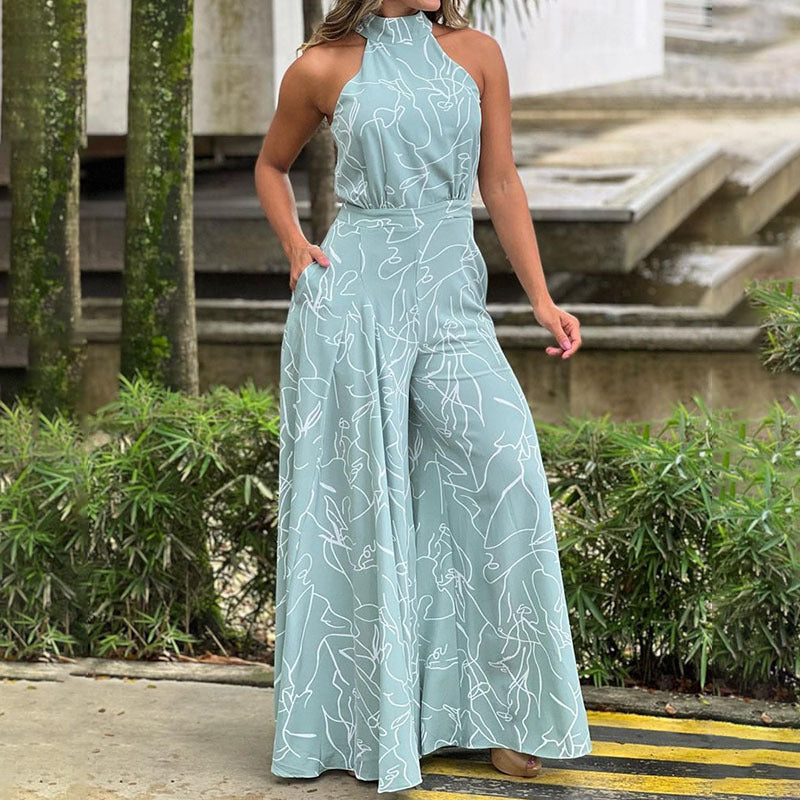 Summer Clothing High Waist Lace Up Sleeveless Halter Trousers Jumpsuit
