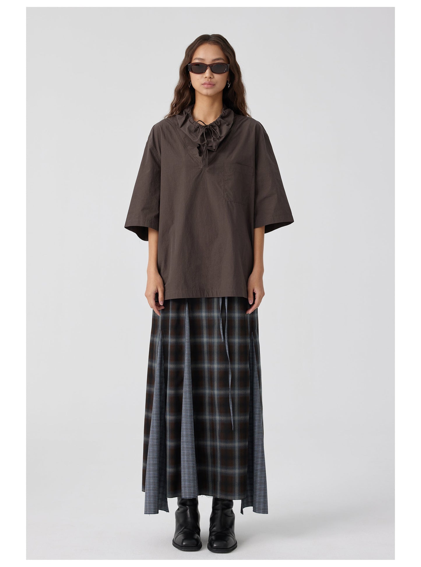 Plaid Asymmetric Panel Mermaid Long Skirt
