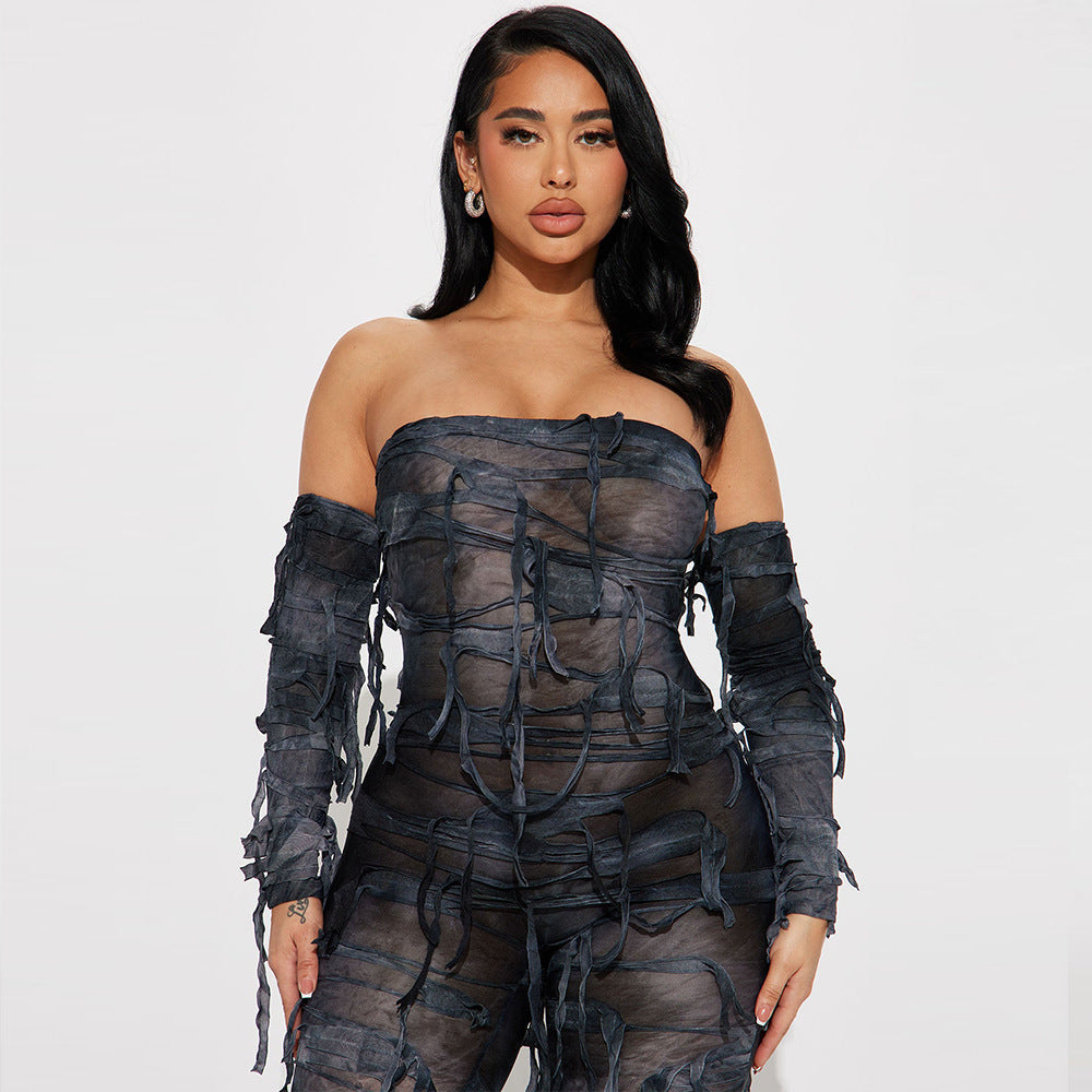 Autumn Tie Dyed Tassel Bandeau Backless Ice Sleeve Jumpsuit for