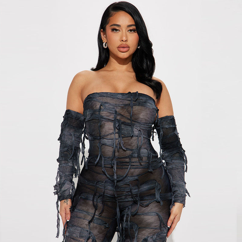 Autumn Tie Dyed Tassel Bandeau Backless Ice Sleeve Jumpsuit for