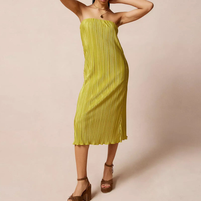 Color Pleated Tube Top Backless Maxi Dress Summer Loose Dress