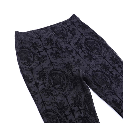 Wannathis Gothic Lace Ensemble - Black Sheer Flared Pants, Brocade Camisole, and Bell Sleeve Bolero