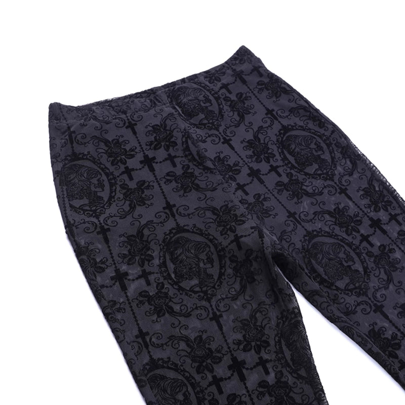 Wannathis Gothic Lace Ensemble - Black Sheer Flared Pants, Brocade Camisole, and Bell Sleeve Bolero