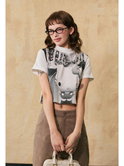 Ezek Artistic Halftone Print White Oversized T-shirt and Gray Pleated Mini Skirt Set - Urban