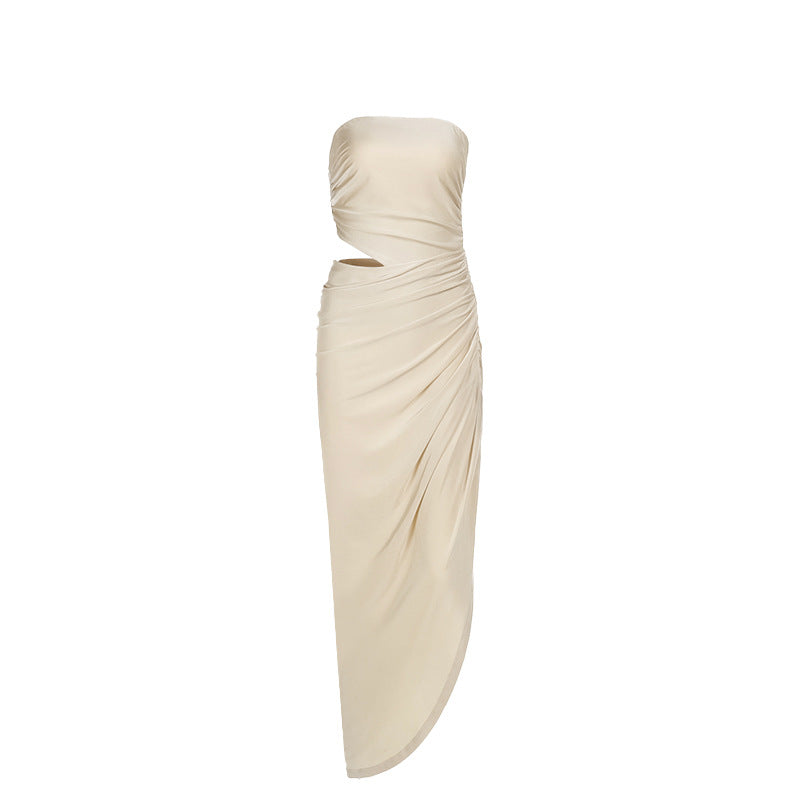 Spring Maxi Dress Slim Tube Top Hollow Out Cutout Pleated Dress