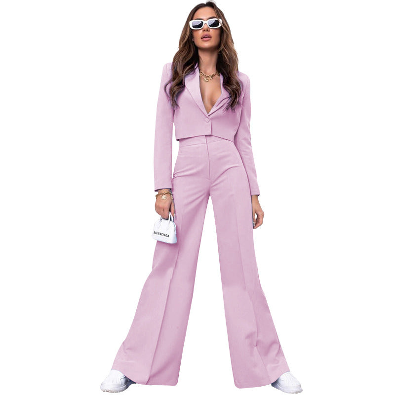 Autumn Winter Color Short Long Sleeve Small Suit High Waist Wide Leg Pants Suit