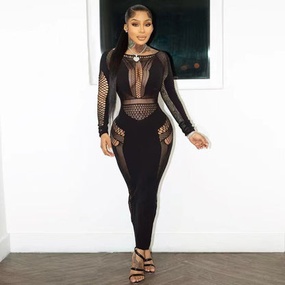 Color Round Neck Slim Hollow Out Cutout Long Sleeve One Piece Knitted Long Sheath One Step Jumpsuit