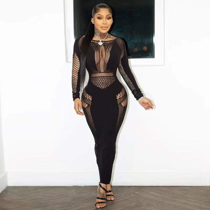 Color Round Neck Slim Hollow Out Cutout Long Sleeve One Piece Knitted Long Sheath One Step Jumpsuit
