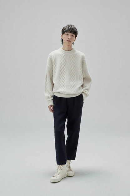 Cream Cable Knit Sweater With Chevron Pattern