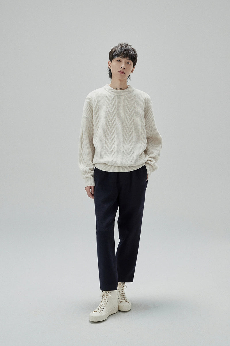 Cream Cable Knit Sweater With Chevron Pattern
