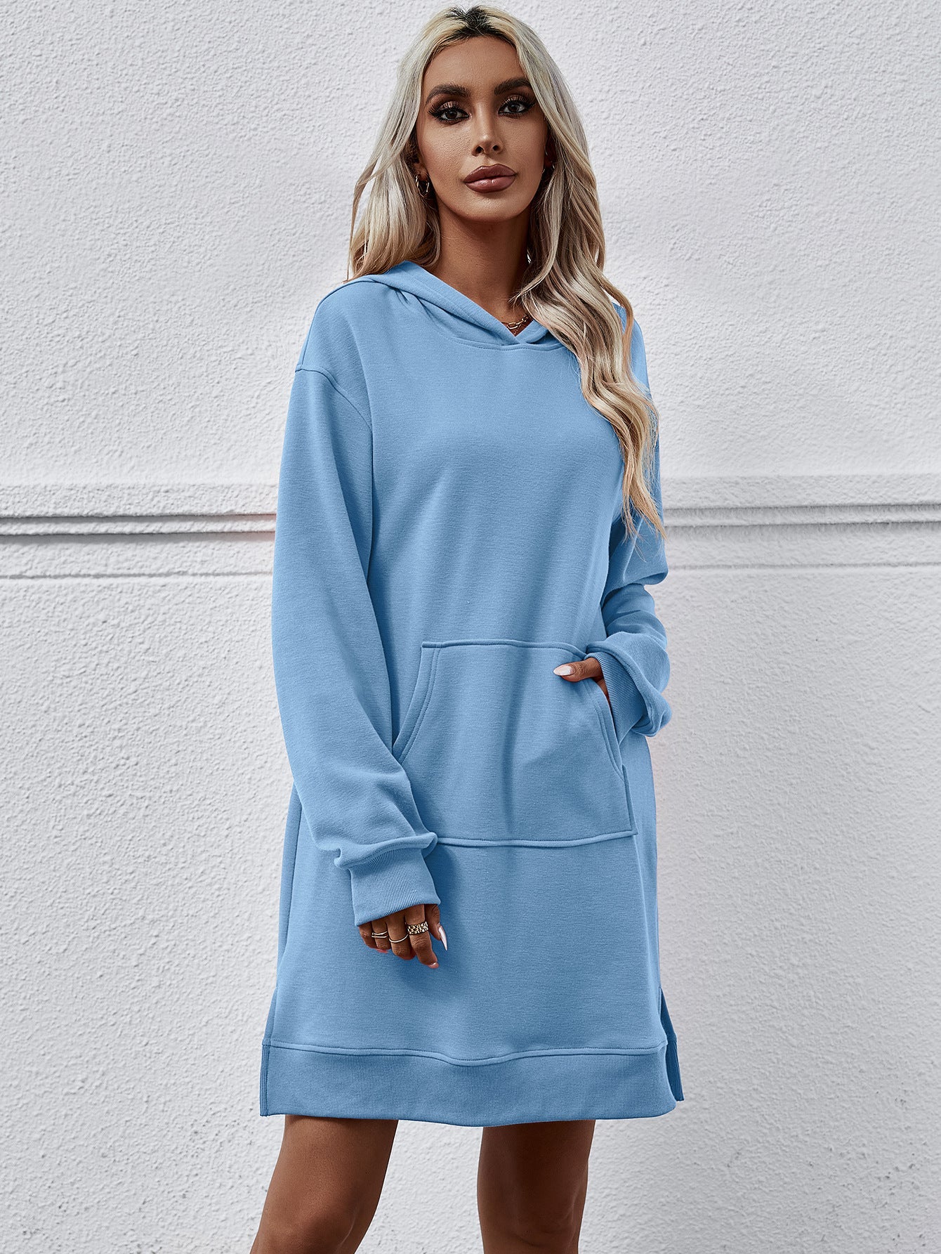 Autumn Winter Clothing Hooded Long Sleeve Kangaroo Pocket Split Long Sweater Dress