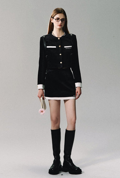 Black Velvet Contrast Trim Suit Top/skirt