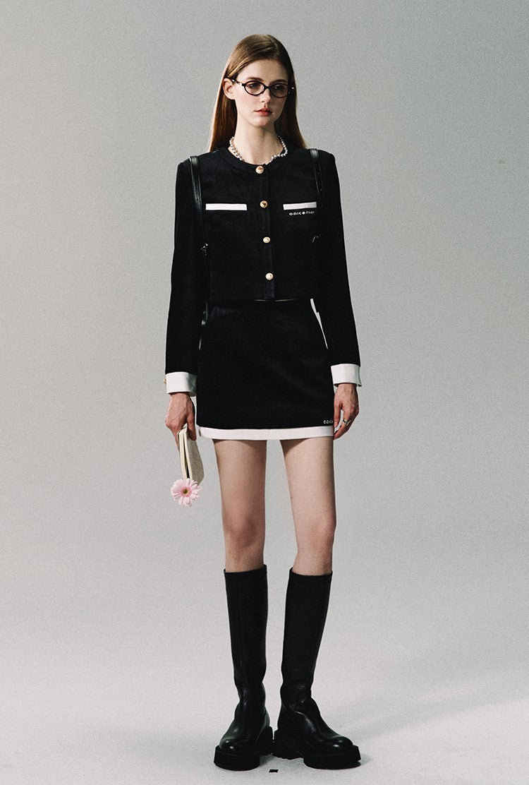 Black Velvet Contrast Trim Suit Top/skirt