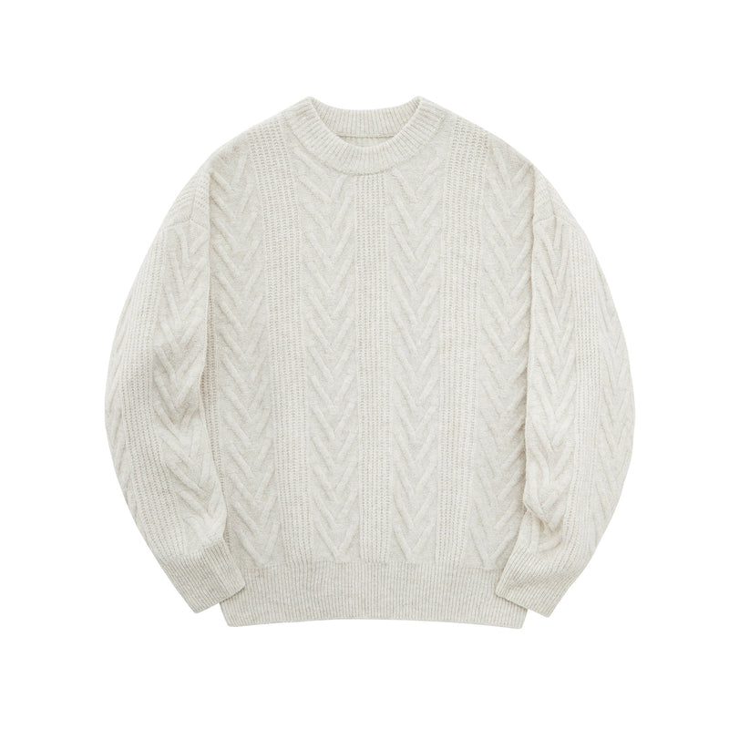 Cream Cable Knit Sweater With Chevron Pattern