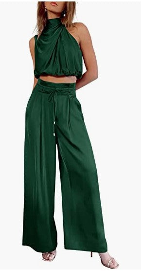 Sleeveless Collar Two Piece Sets Wide Leg Pants Summer Cropped Top