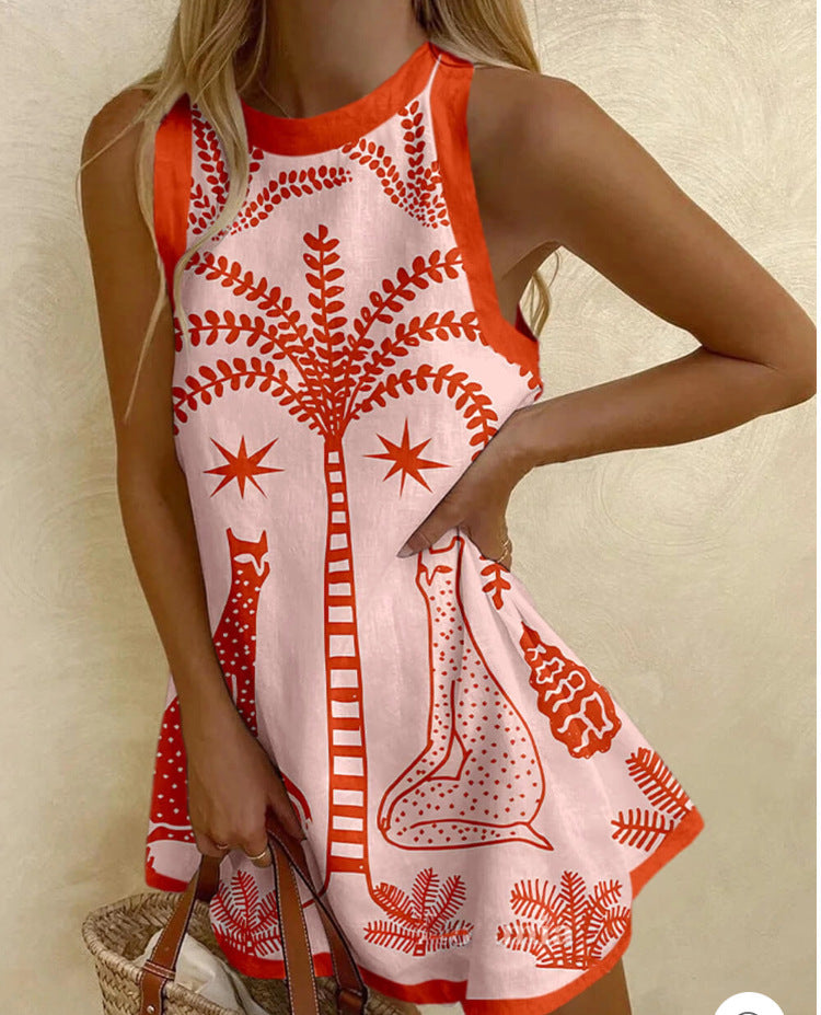 Printed Linen Sleeveless Mini Dress
