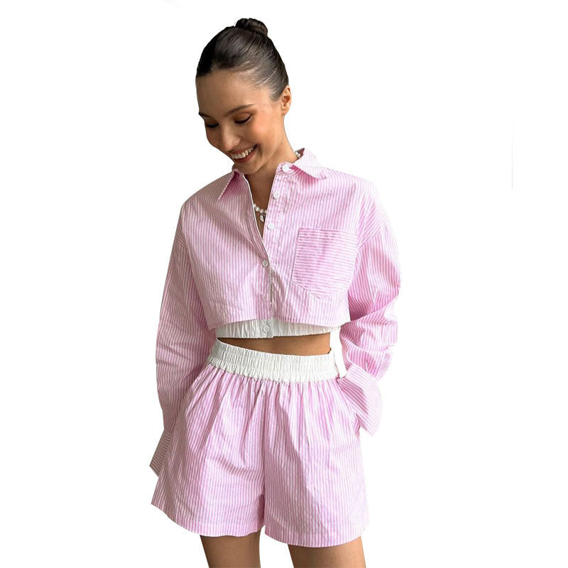 Striped Shirt Long Sleeve Two Piece Set Elastic Waist Shorts Suit Summer