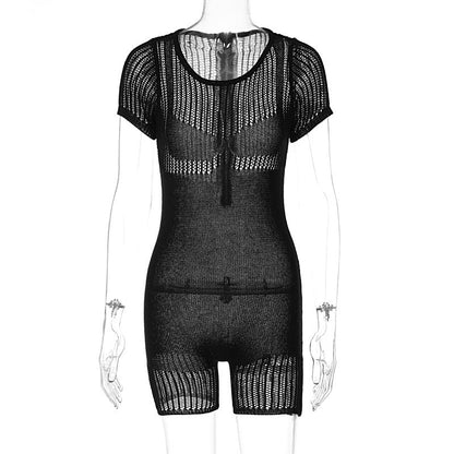 Summer Clothing Zipper Cutout Skinny Hip Raise Knitted Short Romper