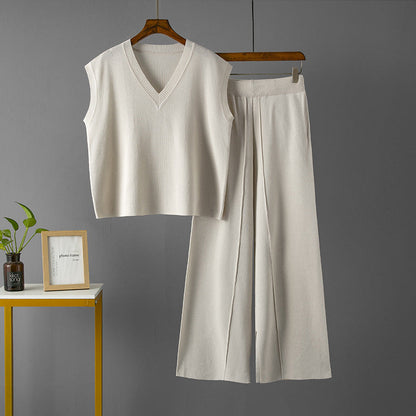 Suit V Neck Loose Sleeveless Knit Vest Top High Waist Loose Slimming Slit Wide Leg Pants