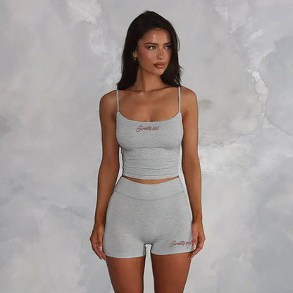 Street Sports Slim Fit Letters Embroidered Strap Shorts Fitness Two Piece Sets Summer