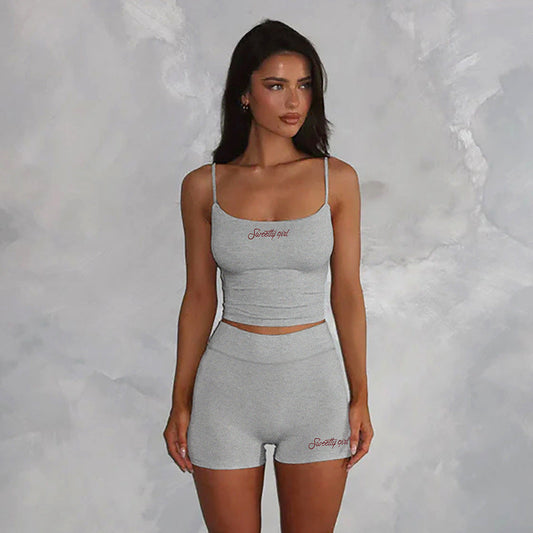 Street Sports Slim Fit Letters Embroidered Strap Shorts Fitness Two Piece Sets Summer